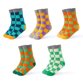 INNERSY Children's Socks Boys & Girls Cotton Children's Socks for Child to Teenager 23-38 EU 5 Pairs, Multicoloured chequered