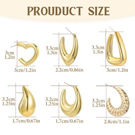 XSDSLS 6 Pairs Gold Hoop Earrings for Women Chunky Gold Earrings Hypoallergenic Lightweight Waterdrop Teardrop Earrings Thick Open Twist Heart Hoop Earrings Huggie Hoop Earrings Set Gift for Women