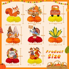 Fall Party Decorations, JULMELON 8pcs Thanksgiving Table Decorations Honeycomb Centerpieces 3D Double Side Fall Festival Decorations Turkey Pumpkin Table Toppers for Friendsgiving Party Favors