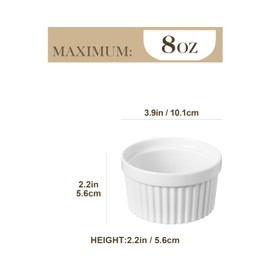 MALACASA Ramekins 8 oz Oven Safe, Porcelain Creme Brulee Ramekins Pudding Custard Cups Ceramic Souffle Dishes Ramakan Ramiken Ramicans Baking Bowls Set of 6, White, Series RAMEKIN-DISH
