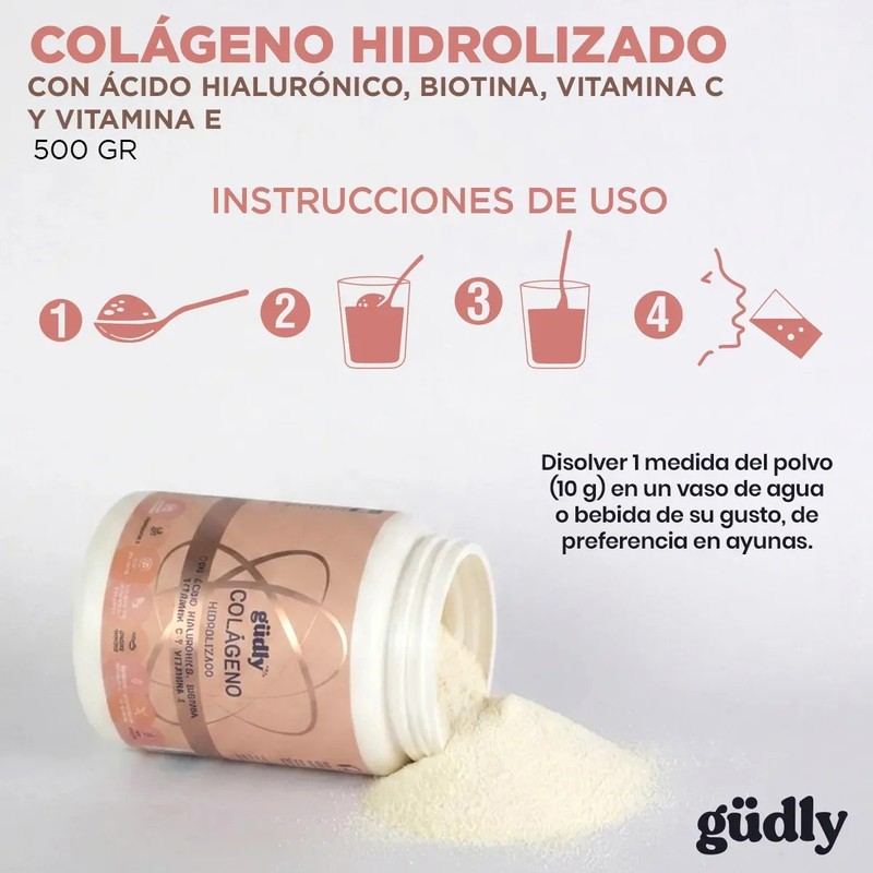 Colágeno Hidrolizado Gudly Ácido Hialurónico Biotina 500gr Sabor Sin Sabor