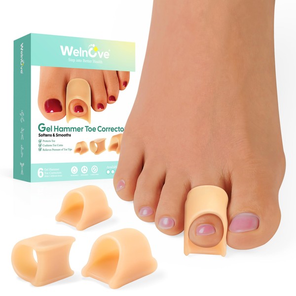 Welnove Hammertoe Corrector - 6 Pack Toe Splints - Soft Gel Toe Straighteners - Realign Bent, Curled, Crooked, Claw, Hammer Toes - Toe Corrector for Men and Women, 3 Different Sizes (Beige)