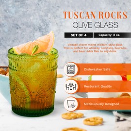 IMPULSE! Tuscan Rocks Glass Set - Olive, Dishwasher Safe, Chic Vintage Style - 8 oz - Ideal for Gin, Mixed Cocktails, Bourbon, Margaritas, Soft Drinks, Beer, Water - Mexican Style Glasses - Set of 4
