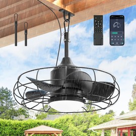 Orabriz 20" Outdoor Ceiling Fan with Lights,IP65 Waterproof Gazebo Hanging Fan with Remote Control Smart App, Plug in Caged Ceiling Fan with 3CCT 6-Speeds for Patio Porch Pergola(Black
