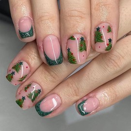 Christmas Press on Nails French Tip Fake Nails Green Glitter False Nails with Xmas Trees Designs Full Cover Artificial Nails Nude Gel Acrylic Nails Short Square Stick on Nails for Women Decor 24 Pcs