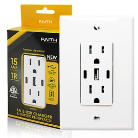6.0A USB Outlet, 3-Port 30W Wall Outlets with 2 Type C & 1 Type A, 15 Amp Receptacle Plug, Tamper Resistant Receptacle, Standard Wall Plate Included, ETL Listed, White, 1 Pack