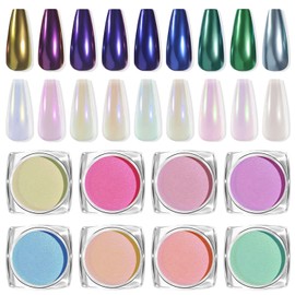 9Boxes Ice Transparent Aurora Nail Powder,White Chrome Nail Powder Holographic Chameleon Rainbow Pearl Nail Powder Iridescent Pigment Pearlescent Nail Art Glitters (9 Colors)