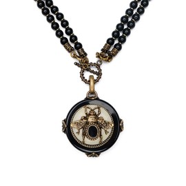 TAMHOPE Black Agate Necklace with Bronze Necklace with Kyanite,European Vintage Insect Bee Necklace Design(Two Kinds of Method of Wear)