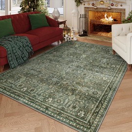 Lahome Sage Green Area Rug 6x9, Machine Washable Rugs for Living Room, Boho Olive Green Bedroom Rug, Vintage Soft Room Carpet for Dining Room Nursery Apartment Office