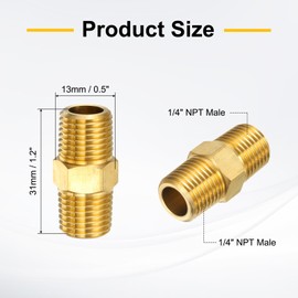 sourcing map 2pcs Brass Pipe Fitting 1/4" BSPT x 1/4" NPT Male Brass Hex Nipple Pipe Extension Adapter Pipe Nipples Connectors for Shower, Oil, Water Line