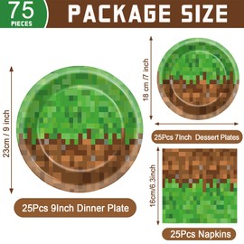 Pixel Party Plates and Napkins Decorations Pixel Theme Disposable Birthday Party Tableware Set Includes 8-bit Elements Paper Plates Set and Video Game Napkins Gamer Party Supplies for 25 Guests