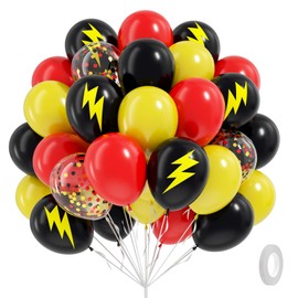 60pcs Black and Yellow Balloons 12inch with Black Print Red Yellow Confetti Balloons for Cartoon Theme Birthday Party Decorations