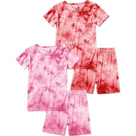 Jimonda Kids Soft Rayon From Bamboo Sleepwear Short Sleeve Boys Girls Pajama Outdoor 4-Piece tops&shorts Casual sets Tie Dye PJ(Pink&Orange,11-12Y)