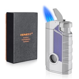 Cigar Torch Lighters for Men Cigar Lighter with Hole Punch Triple Jet Flame Refillable Butane Refillable Windproof with Cigar Rest Holder -Butane Not Included (Silver)