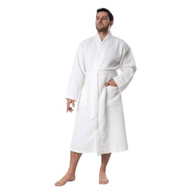 BAGNO MILANO Mens Waffle Robe – Lightweight Cotton Blend Waffle Bathrobe Men for Spa, Made in Turkey (Medium, Cream)