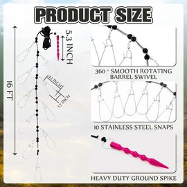 Seenelling 16 ft Fishing Stringer Fish Stringer Holder for Caught Fish 10 Stainless Steel Snap Hook with Heavy Duty Ground Spike for Trout Bass Salmon (Army Green)