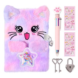 PrinBarBee Cat Diary for Girls with Lock and Keys,Tie-Dye Fuzzy Journal for Kids,Hardcover Fluffy Locking Notebook for Writing and Drawing,4-12 Year Old Girl Birthday (A Star-Cat,Purple)