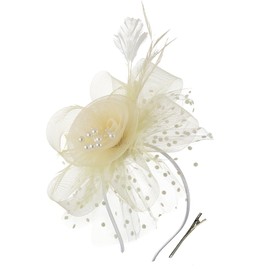 Durzasvo Women's Fascinators Tea Party Wedding Derby Mesh Flower Pearl Feather Fascinator Hat with Headband and Clip (US, Alpha, One Size, Beige)