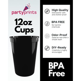 PartyPrints 10 Pack 12 Oz Black Reusable Blank Plastic Cups, Stadium Cups Bulk – BPA Free Dishwasher Safe Party Cups, Colored Cups Perfect for Party, Wedding, Birthday Graduation, Clubs