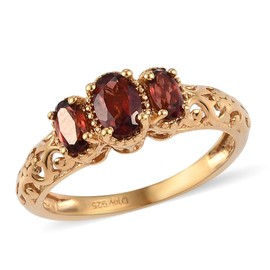 SHOP LC DELIVERING JOY 3 Stone Garnet Birthstone Rings for Women in 14K Gold Plated 925 Sterling Silver - Promise Engagement Vintage Trendy Red Garnet Jewelry Gifts