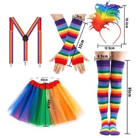 XDGBGFN Set of 5 Rainbow Costume Women's Carnival Rainbow Costume Colourful Tulle Skirt Feather Headbands, Rainbow Stockings and Gloves Suspender Set for 80s Retro Party Cosplay