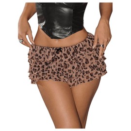 BEAUDRM Women's Leopard Print Ruffle Hem Skorts Elastic Waist Tiered Layer Skirts Shorts Brown Large