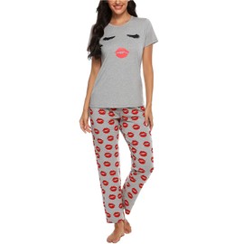EISHOPEER Women's Pajama Set Short Sleeve Top and Long Pants Pjs Sets