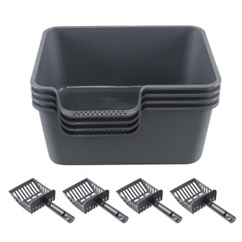 Minekkyes 4-Pack Plastic High Wall Cat Litter Box with Scoop, Anti-Splashing Kitty Litter Pan, Grey