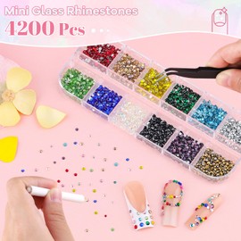 4200Pcs Glass Crystal Small Rhinestones for Nail Art with Nails Rhinestone Glue, Colourful SS3-SS8 Flatback Bedazzling Gems, Nail Rhinestones and Gems Crystals Charms for Acrylic Tips Manicure Decor