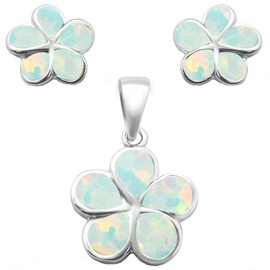 CloseoutWarehouse White Simulated Opal Plumeria Flower Earrings Pendant Set Sterling Silver