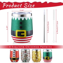 Sliner 4 Pcs Christmas Glitter Wine Tumbler 12 oz Stainless Steel Wine Tumbler Glitter Cup with Lid Straw and Brush Insulated Double Wall Travel Tumblers for Christmas Gift Friends Family