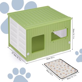 Plastic Cat House for Outdoor Indoor Use, Stackable Feral Cat Shelter Indoor Cat House Weatherproof Waterproof Elevated, with 2-Sided Cushion (Green White)