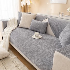 Solid Striped Textured Chenille Sofa Covers,Simple Striped Chenille Anti Scratch Couch Cover,Washable Anti-Slip Pet Couch Protector,Thin Chenille Couch Covers for Dogs,Pets,Grey-28"x70"/70x180cm