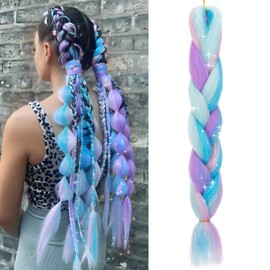 Benehair Braids Extensions, Jumbo Synthetic Hair for Braiding, Box Braids, Hair Extension Braid with Tinsel Mashup Hair for Braiding Hair Braids Extension for Women, Girls, Purple Mix, Sky Blue, 60 cm