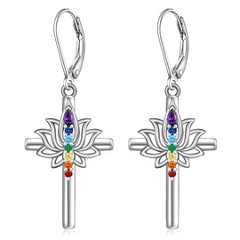Lotus Earrings for Women 925 Sterling Silver Chakra Earrings Lotus Flower Dangle Earrings Leverback Cross Earrings Gifts for Women