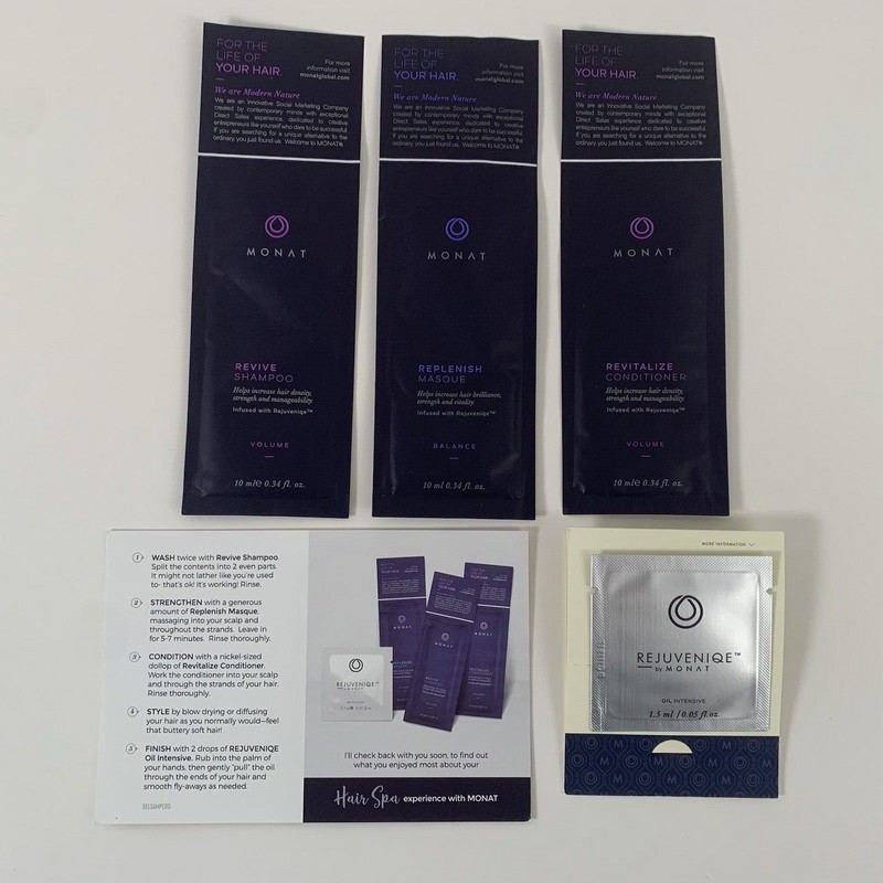 Monat Sample Kit Set Shampoo Conditioner Rejuveniqe Oil Replenish Masque