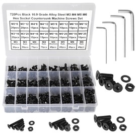 FandWay Pack of 720 M3 M4 M5 M6 Countersunk Bolts, 10.9 Grade Carbon Steel Screw, Hex Bolts Nuts and Washers Assortment with Wrenches
