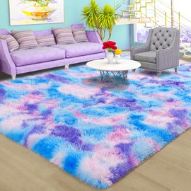 Foxmas Large Area Rugs for Living Room Bedroom 6x9 Feet, Fluffy Kids Room Plush Shaggy Nursery Rug Furry Throw Carpets for Boys Girls, College Dorm Fuzzy Rugs Home Decorate Rug, Rainbow Blue
