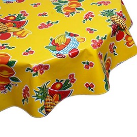Round Freckled Sage Oilcloth Tablecloth in Fruit Basket Yellow (68")