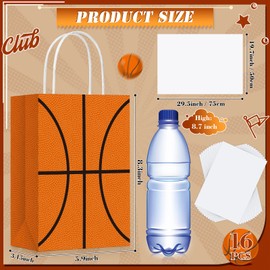 Nezyo 16 Pcs Sports Party Gift Bags with Tissue Paper Baseball Football Soccer Basketball Gift Goodie Favor Bags with Handle for Baseball Theme Party Girls Boys Birthday Decoration (Orange, Basketball)
