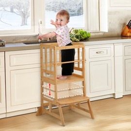 COSYLAND COSYLAND Toddler Standing Tower - Adjustable Height Toddler Kitchen Stool Helper - Kids Kitchen Step Stool for Learning with Removable Safety Railing Natural