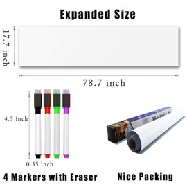 Self Adhesive White Board Paper - Dry Erase Wall Stickers Roll 17.7" x 78.7" (6.5 Feet) Message Board Wallpaper Decal for School/Office/Home/Kid/Art/Decorations, Safe for Adults & Kids with 4 Markers