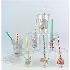 Circus Theme Party Cups with Lids and Straws, 12 Pack, Clear Disposable Cups with Carnival Designs