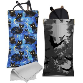 Cabreche 2 PCS Glasses Case Eyeglass Sunglasses Pouch Squeeze Portable Bag Soft Leather with Cleaning Cloth Women Men Girls-Black Cat Bat