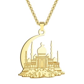 LUTAKU Men's Jewellery Islamic Muslim Gold Chain for Men Boys Mosque with Crescent Moon Talisman Pendant 316L Stainless Steel Hip Hop Chains for Men, Stainless Steel, No Gemstone