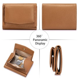 SCHLATUM Small Trifold Wallet for Women Genuine Leathe Tiny Wallet with Snap Coin Pouch 7 Card Solts, Brown