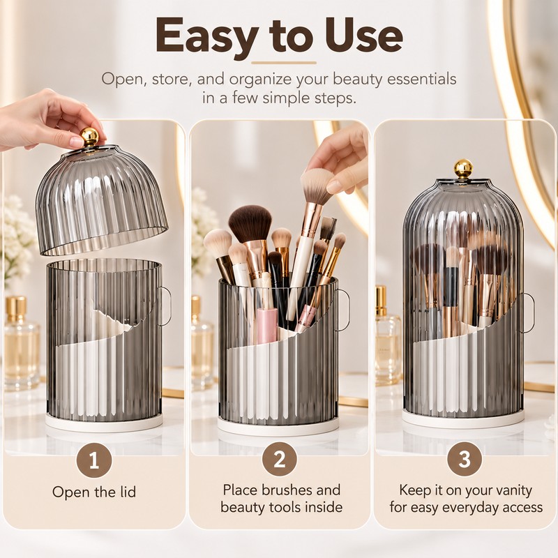 360° Rotating Makeup Brush Holder with Lid – Dust-Protected Cosmetic