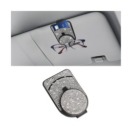 Sandfren Bling Sunglasses Holder for Car Visor, Genuine Leather Crystal Rhinestone Vehicle Eyeglasses Clip Mount Hanger, Auto Ticket Card Origanizer for Women Girls, Universal Fit (White)