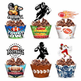 48PCS Football Themed Birthday Party Decorations | 24PCS Cupcake Toppers 24PCS Cupcake Liners Wrappers Party Favors Supplies Rugby Sports Centerpiece Table Gifts for Boys Girls Carnival Prizes