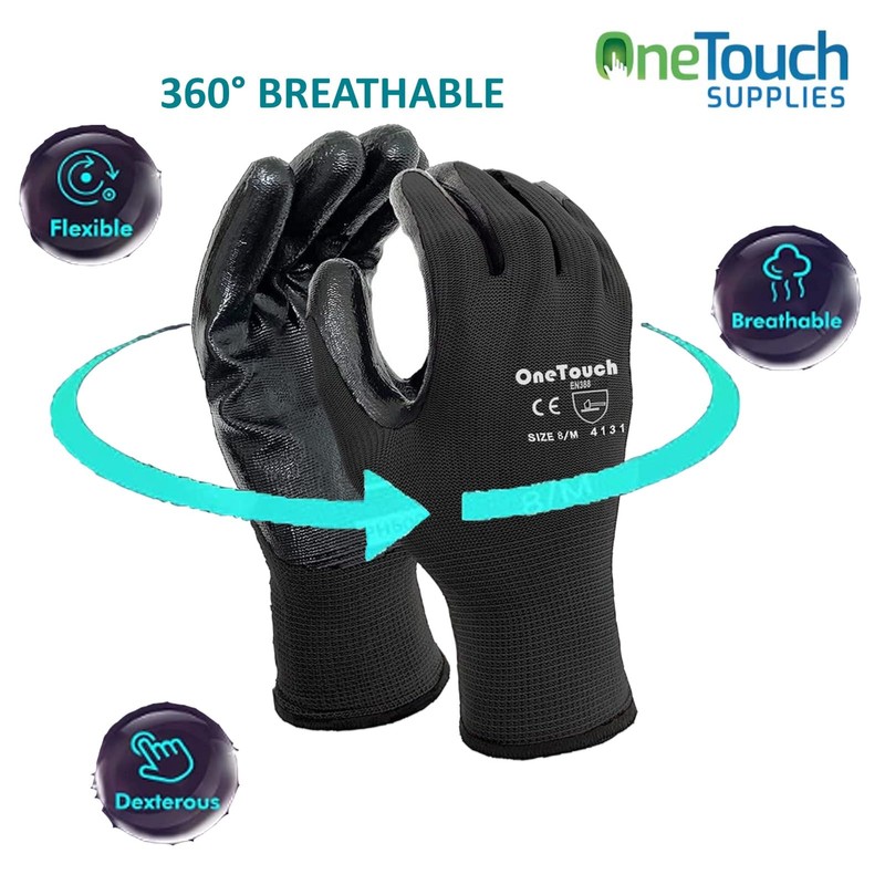 A406 12 Pair Black Nitrile Coated Gloves Work Gloves Nylon